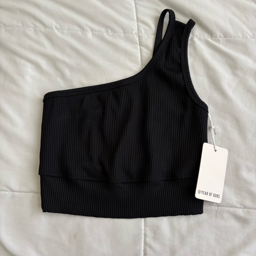 NEW, Year Of Ours One Shoulder Ribbed Long Line Sports Bra, Black
